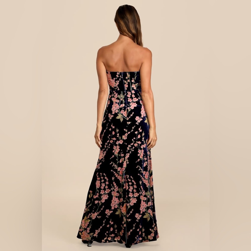 Bloom In Mind Navy Blue Floral Print Velvet Strapless Maxi Dress *Damaged - Picture 8 of 14
